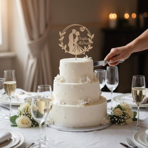 Personalisierter Caketopper aus Birkenholz mit zwei Vornamen und Datum, filigran gelasert und auf einer Hochzeitstorte präsentiert.